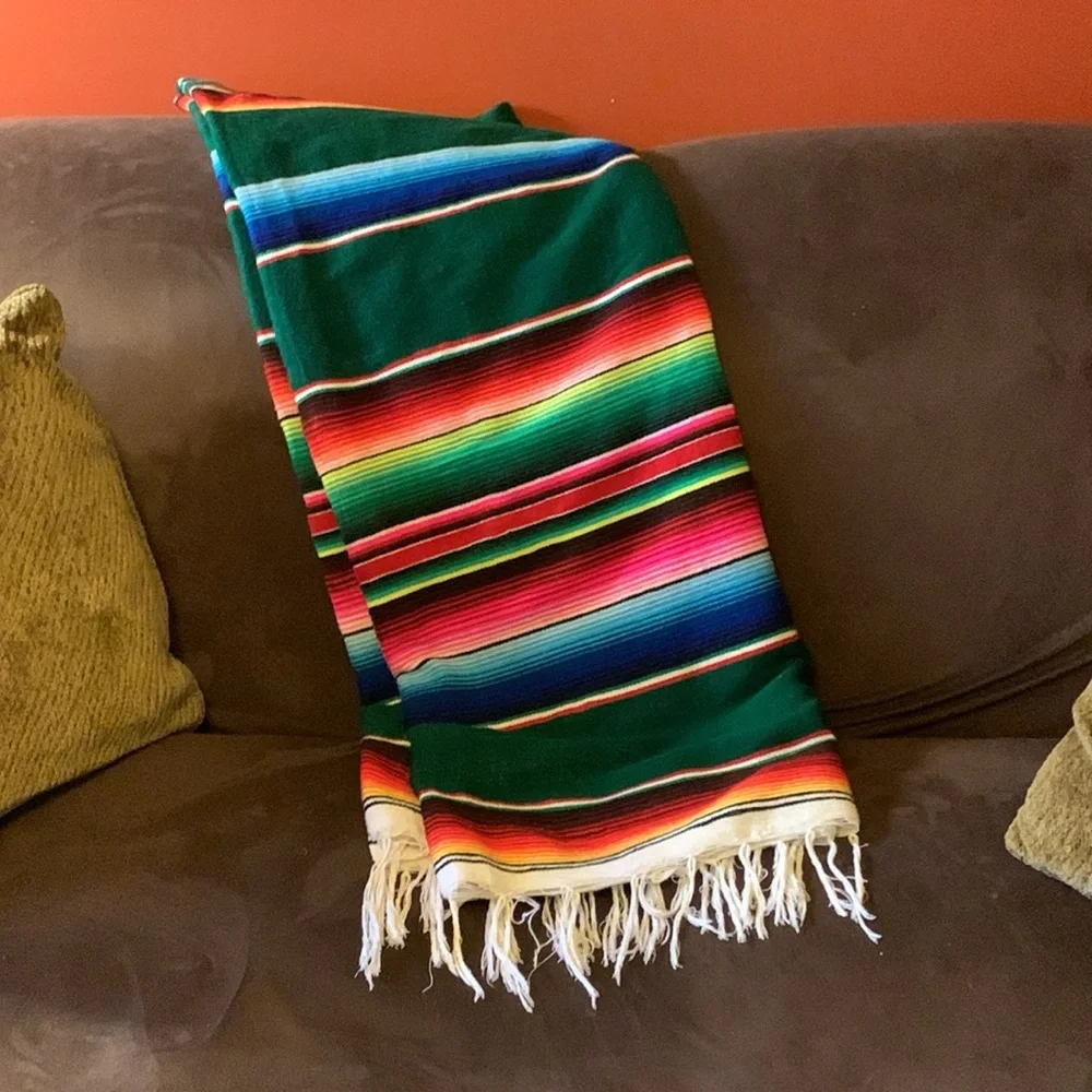 Vintage colorful cotton Mexican serape sarape salti fringed blanket - Picture 2 of 15